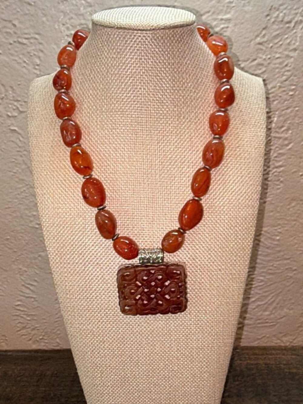 Artisan Handmade Amber Agate SS Carved Pendant Statement Necklace OOAK